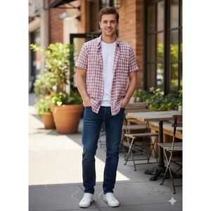 Zegna Sport Mens Red White Plaid Short Sleeve Button Up Shirt Regular Fit